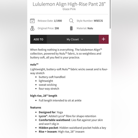 Lululemon Align High-Rise Pant 28" - Glaze Pink - Size 10 - Picture 5 of 10